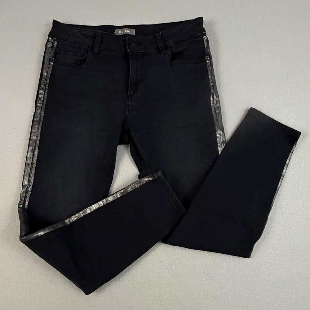 DL1961 Florence Cropped Jeans Womens 28 Black‎ Metallic Stripe Skinny Otis